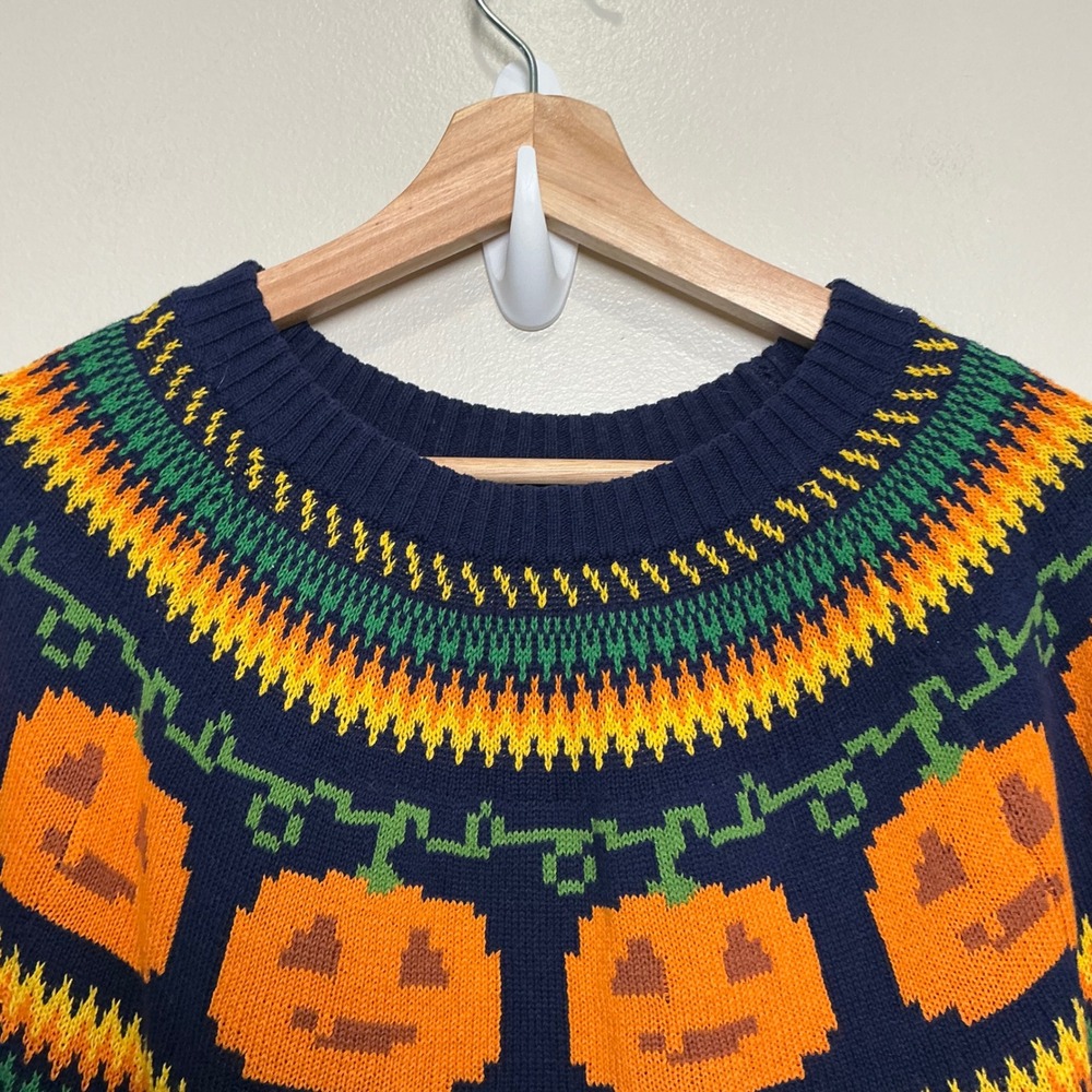 ModCloth Sweater Womens XL Navy Blue Pumpkin Fair Isle Halloween Cotton - Picture 3 of 7